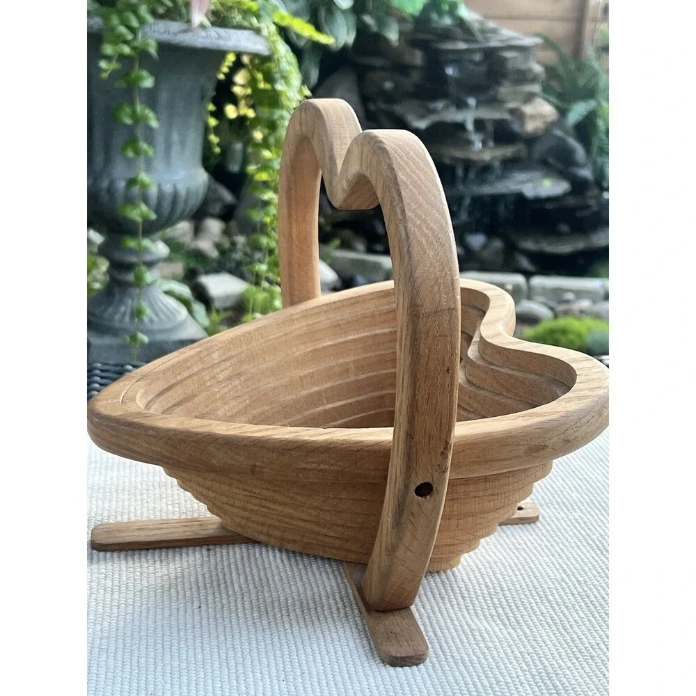 Vintage Handmade Heart Shaped Wooden Collapsible Basket With Handle Or Trivet